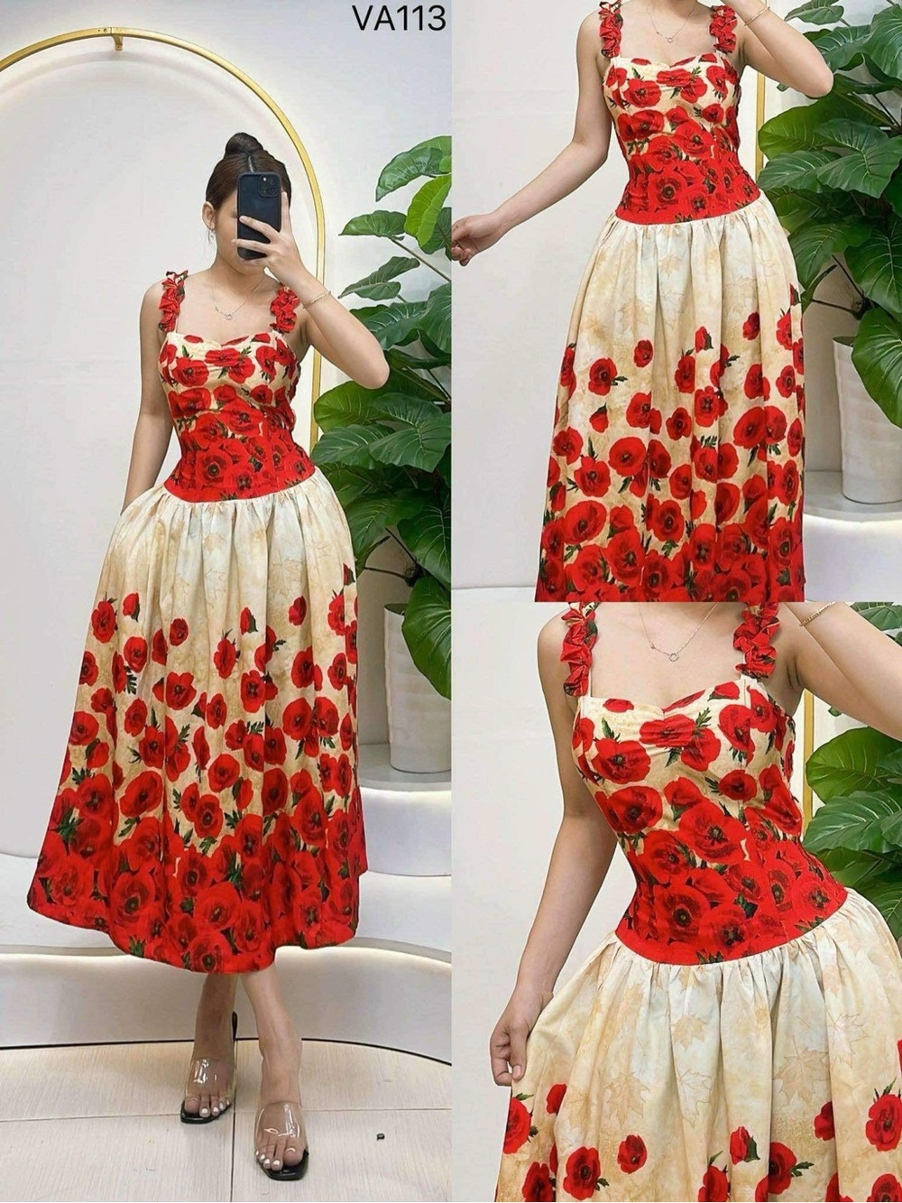 Red Poppy Print Midi Dress with Cream Skirt